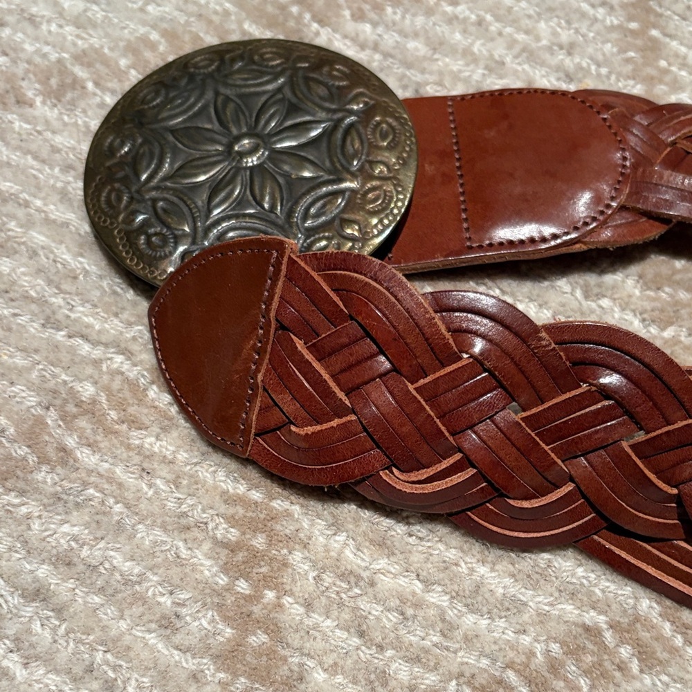 Ralph Lauren Braided Leather Belt with Ornate Brass Buckle